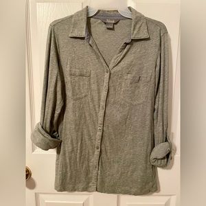 Green button down with roll up button sleeves
